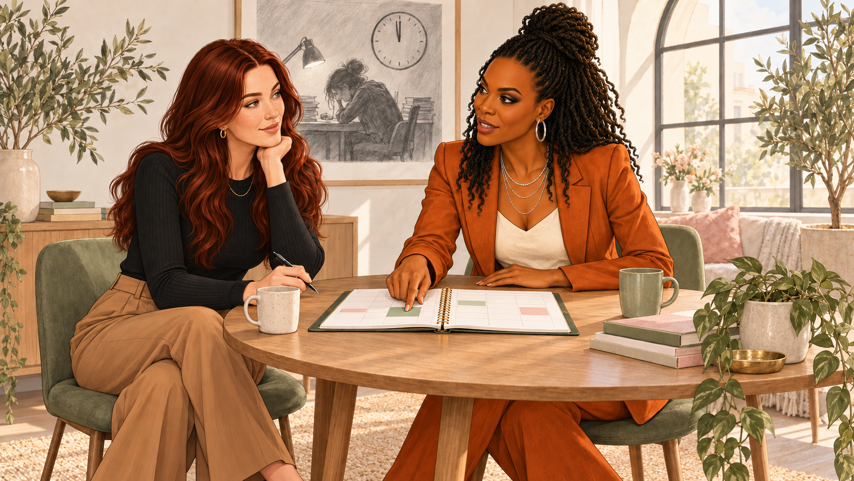 Rose and a client planning a week with only a few blocks of time filled in