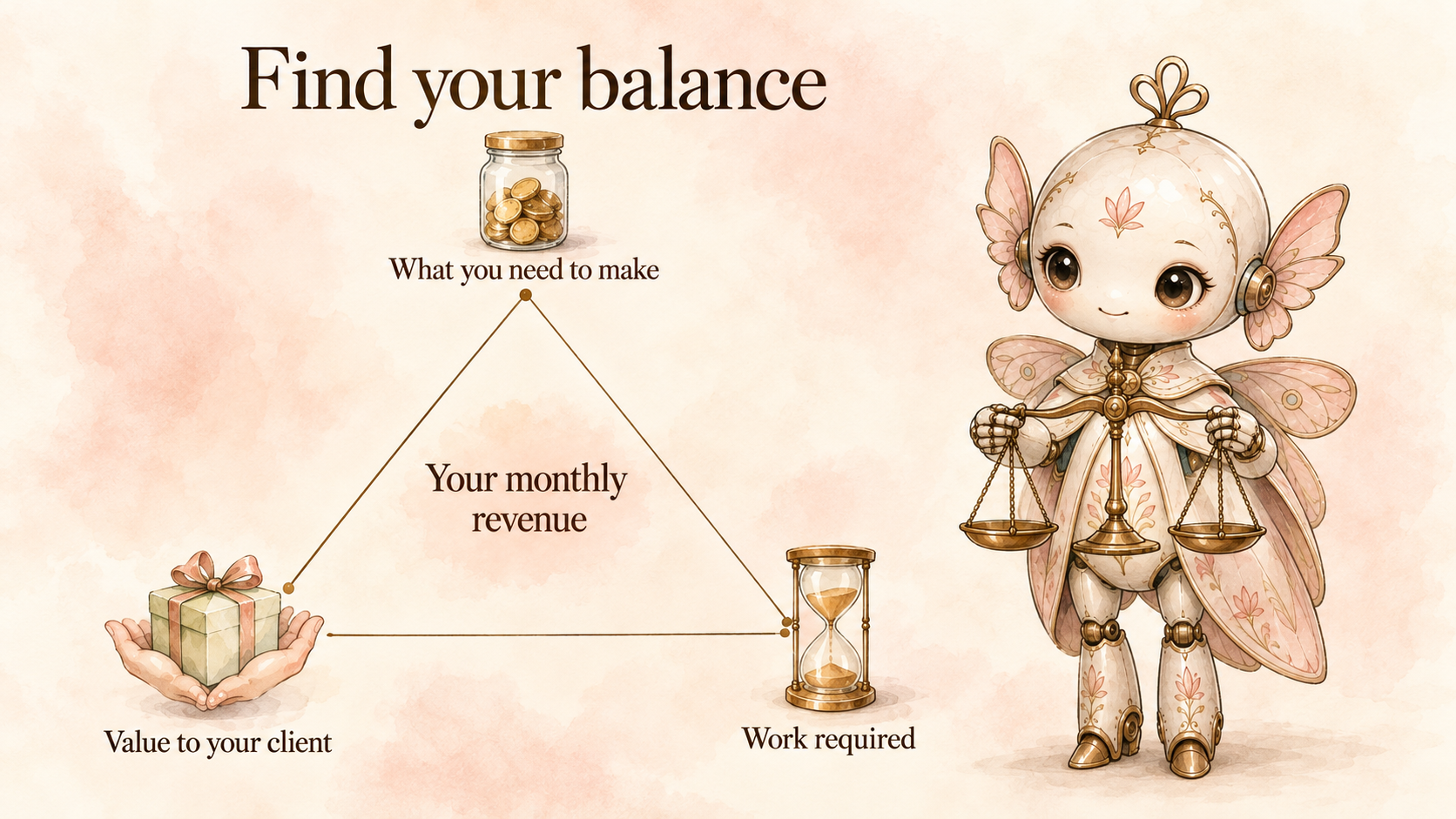 A simple triangle diagram balancing what you need to earn, the value of your services and the work required