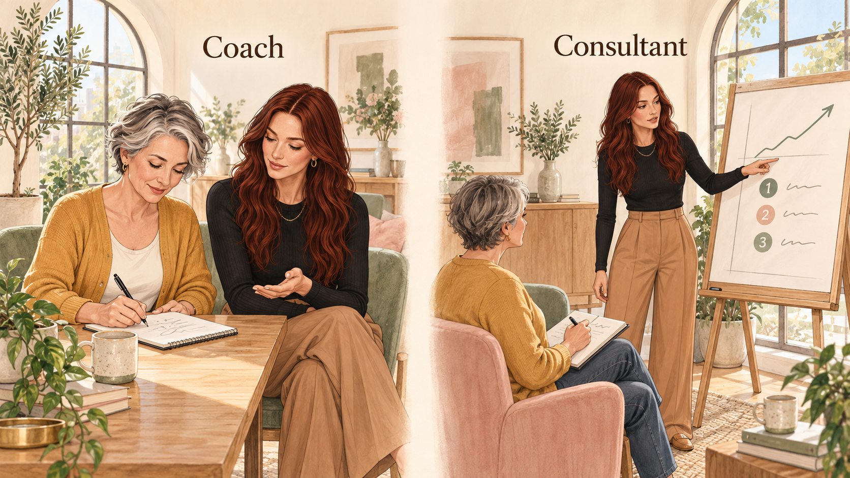 Split scene comparing a coach and a consultant at work