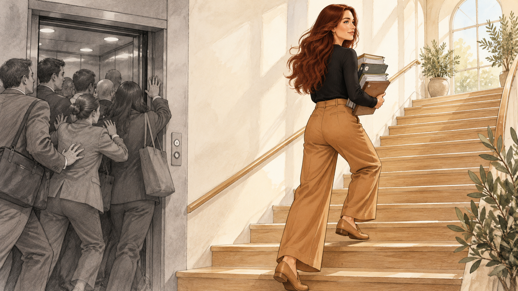 A grey crowd squeezes toward the elevator shortcut while one woman in full color takes the stairs